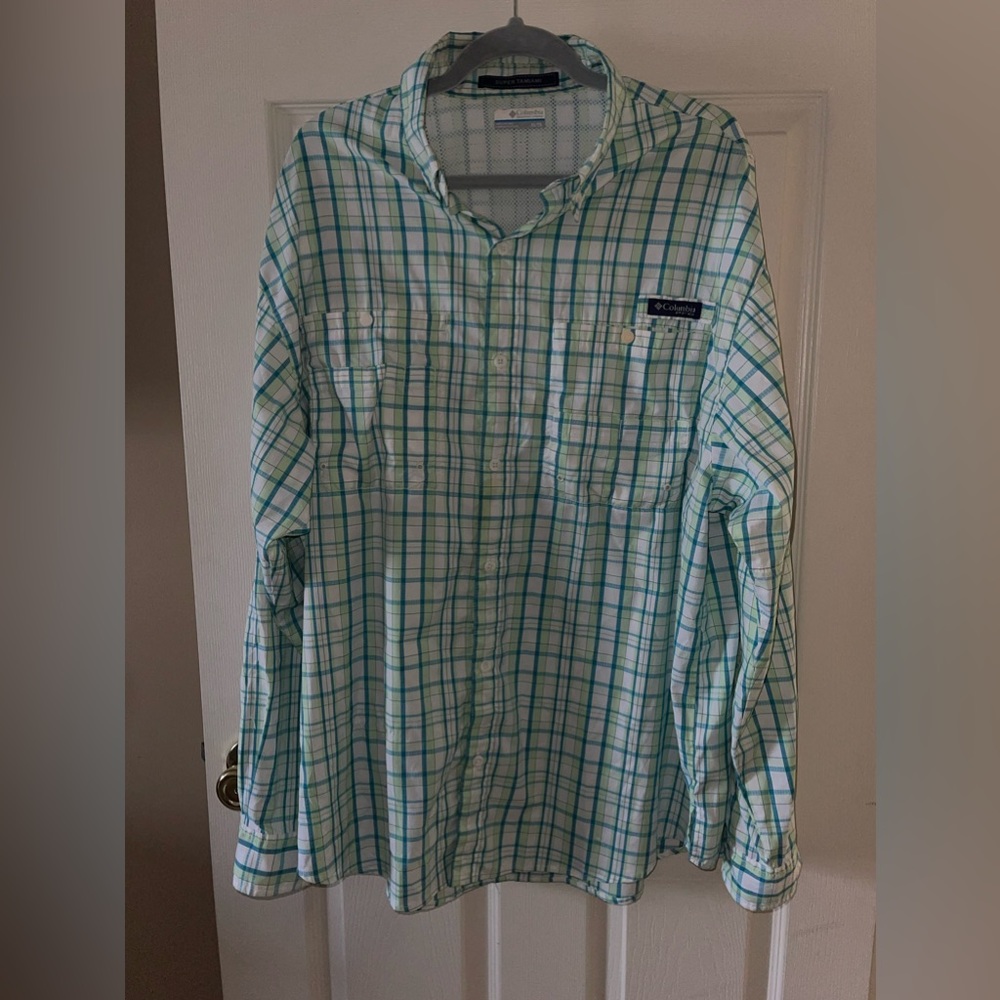 Columbia Men's PFG Super Tamiami Button Down Shirt - Green and White Plaid
